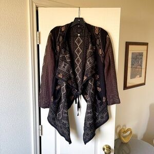 Johnny Was Tryker Embroidered Boho Cardigan Brown Black Small EUC